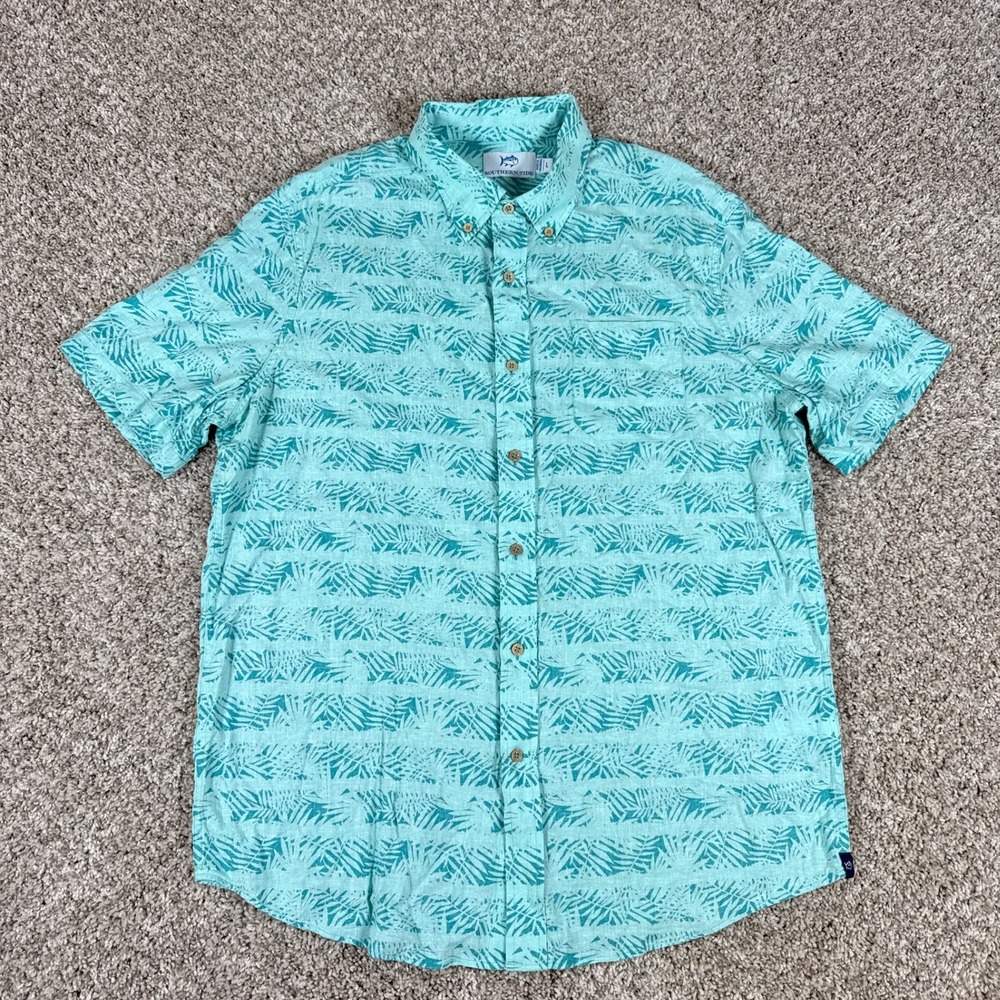 Southern Tide Shirt Mens L Short Sleeve Button Down Linen Blend Tropical Print